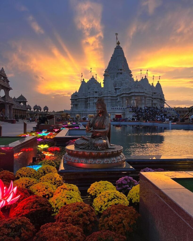 Akshardham Temple exterior with intricate Hindu sculptures, Robbinsville, NJ